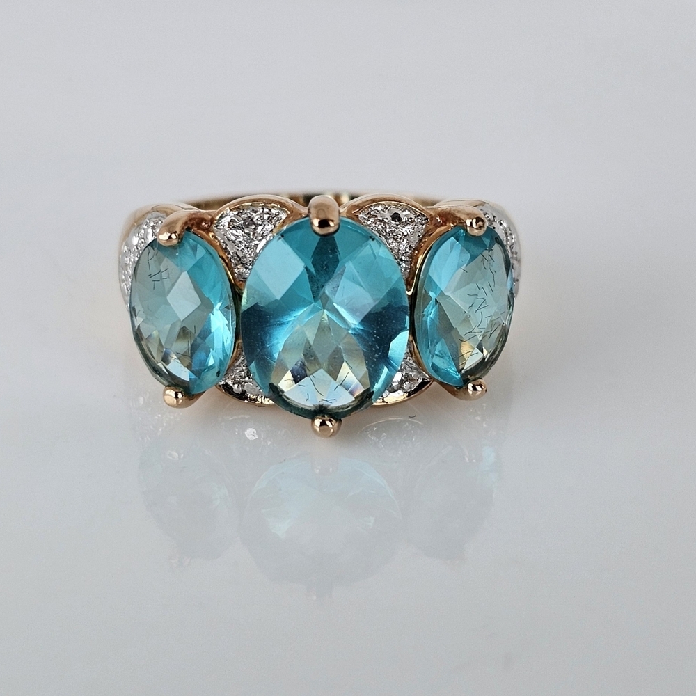 Stunning Caribbean Tourmaline & Diamond Ring Yellow Gold Vermeil Sz 7! - Picture 2 of 11